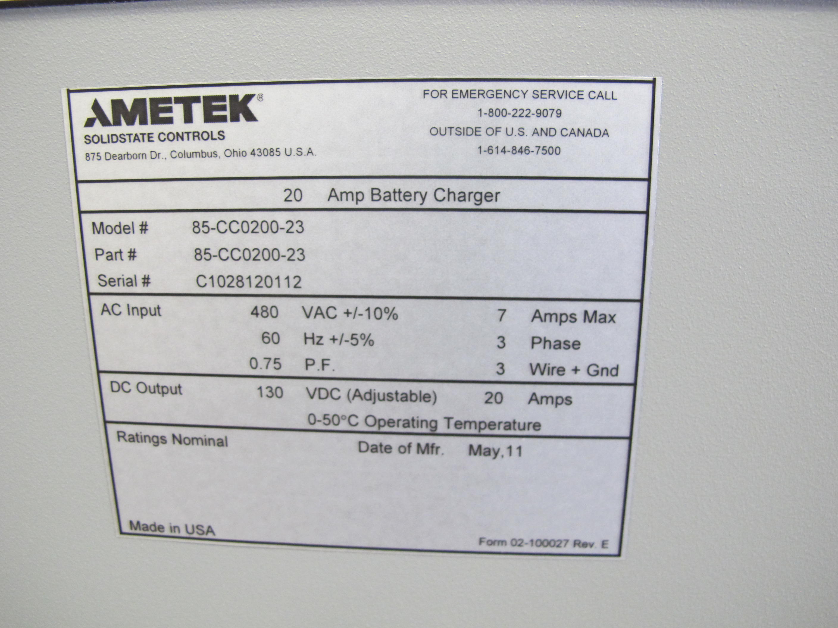 CHARGER, BATTERY TYPE, 125VDC, 20AMP OUTPUT RATING, 480VAC (+/-10%) INPUT RATING, CLASS 1E KIND (W-44) LOADING & HANDLING FEE $15-